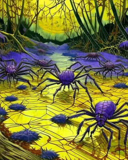 A purple swamp with spiders designed in Japanese origami painted by Vincent van Gogh