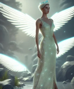 A crystalised queen, atmospheric, realistic, unreal engine, cinematic lighting, octane render, transparent long dress, blonde, full body, wings