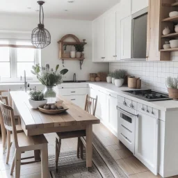 A farmhouse chic kitchen with white cabinets, wood accents, and a farmhouse table.