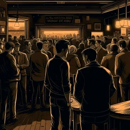 a single figure in a crowded bar at night