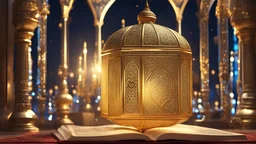 Golden ornate Quran, mosque in the background, Ramadan lantern, Ramadan cannon, crystal clear lights, Godray beams, Ultra HD, tracking, pop art station, high detail dynamic angle, (detail focus): 1.2), dramatic lights, (masterpiece: 1.2), (Perfect Anatomy: 1.2), 32K UHD, (Best Quality: 1.2), RAW, Vivid, (Vivid Image: 1.3), Professional Photography, (High Detail: 1.2), Delightful Depth of Field, Fantasy Scene (Magic Bouquet, dose, pink smoke