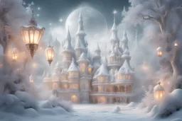 fairy tale city, dream city, landscape in light silver tones, colorful. delicate white velvety clouds, exquisite and filigree, lanterns, ice sculptures in rococo style, snow-covered trees, snow, mystical haze, beautiful, lumen, professional photo, beautiful, high resolution, cgi, f/16, 1/300 s, digital painting with high detail. Dmitry Vishnevsky
