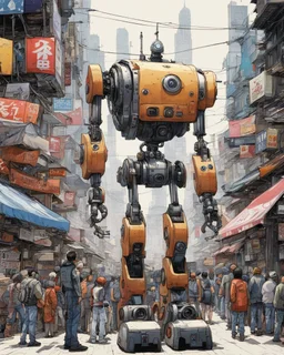 Junk city, many people buying a robot, street view, in the style of Katsuhiro Otomo,