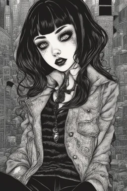 create a horror manga illustration of a dark haired, savage vampire gothpunk girl with highly detailed , sharply defined feminine facial features, in a chaotic, turbulent, otherworldly London in the manga style of Junji Ito, precisely drawn, inked, with dramatic edges,