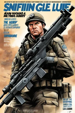 SNIFFIN’ GLUE magazine illustration cover by Jean-Claude Mézières : special issue #42 on sniper action and weaponry. guest star: Sergeant JT Sanborn, The Hurt Locker.
