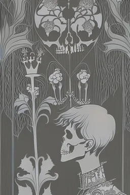 A shadowed hand holds a highly detailed, hand drawn skull, anatomically correct, with a crown hovering above, representation of Hamlet by John Austen, in the Aubrey Beardsley style, inspired by the gothic, macabre and fantastical, highly aesthetic, art nouveau design with striking black-and-white illustrations with hints of Red, Beardsleyesque, high quality, modern classical art, Hamlet Skull