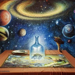 high-quality, fine-detail universe with milkyway in a bottle on a tablecloth, melted crayon drawing, artwork, 8k, intricate, detailed, illustration, brian froud, howard lyon, george grie, ben goossens, anna dittman, jeffrey robert, don marco