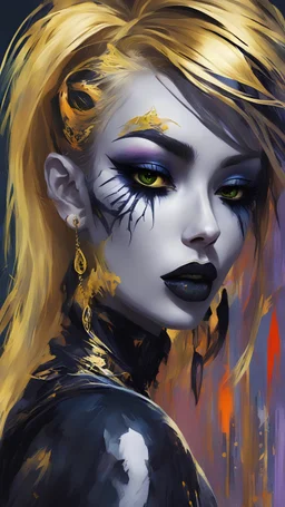 Savage VampireGirl in the style of dark gothpunk , indigo, light gray and golden lime, otherworldly paintings, i can't believe how beautiful this is, distinctive noses, colorful animations