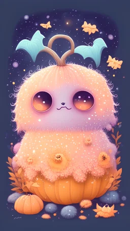 Cute soft hairy fuzzy pumpkin monster with big cute eyes. Bats, stars, sparkles, flowers and mushrooms around. Sweet pastel autumn colours.