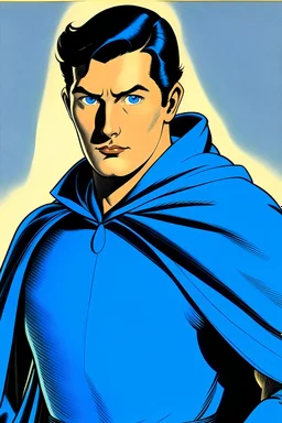 Superhero, evil person in disguise, 45 year-old man, black hair, 1930's setting, cape, color scheme - blue