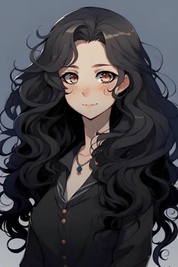 Crie uma personagem de anime que tem longos cabelos cacheados e preto ,ela é morena e encantadora