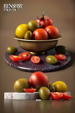 renaissance style still life composite by Raviolis with natural tomato, albahaca, olives, olive oil. moisture, art, natural, ornaments, marble, gold, high kitchen, smooth, gradient color background, unreal engine 5, ray tracing, RTX, lumen lighting, ultra detail, volumetric lighting, 3d.