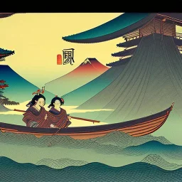 Ukiyo-e styled art, stream, mountain, sun, family on a boat