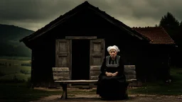 gloomy-looking old women sitting in black hungarian villager dress and wearing east european black head scharf on wooden bench in front of white old house outside in an authentic east european ,hungarian village, high detalied, professional photo, high qualit, high textures. The high-resolution image captures the essence of authenticity and realism, transporting the viewer to another time and place.