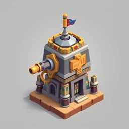 An ornate Ancient Egypt-themed tower defense unit with a heavy bazooka, featuring low detail. Designed as a cute, simple mobile game asset with an isometric view. The unit has a whimsical, decorative design, perfect for Unity or Blender projects.