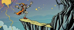 the fool from major arcana tarot,dancing joyfully on the edge of a cliff, close up portrait of dj magic farmer pilot looking down on cam, with background in the style of escher and giger, a chill contrapunctus fugue in the style of fsol, beethoven, held up and protected from disaster