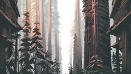 Stylized image of a forest, near a serene lake and mountains in the background at sunrise mountion