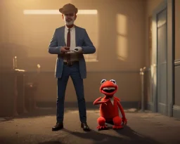 muppet detective with body man standing, realistic photo, concept art, retro style, smooth, unreal engine 5, god lights, ray tracing, RTX, lumen lighting, ultra detail, volumetric lighting, 3d.