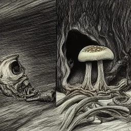 mushroom, photo realism, future, demons fighting, Andrew Wyeth, Gates of Hell, fire, Apocalyptic, Cheerleader, open door