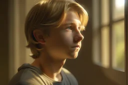 A candid portrait of a cute teen boy with honey brown eyes and golden blond hair, innocent and thoughtful, gazing out a window, a hint of facial hair, wearing sleeveless shirt, inside an empty room with warm sunlight streaming in, detailed, high definition, 4K, 8K, quality render