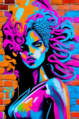 graffiti art on the brick wall portraying a female super model posing confidently, 8k, highly detailed, centered, epic composition, graffiti art, splash art, street art, spray paint, oil gouache melting, acrylic, high contrast, colorful polychromatic, ultra detailed, ultra quality, CGSociety