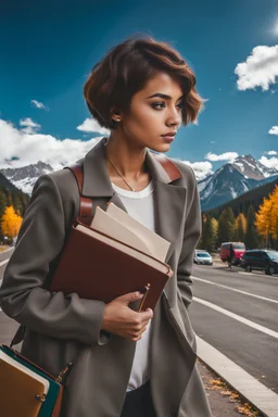 full body of color photo of a student girl 22 years old ,short hair walking in trees ,autumn enviroment