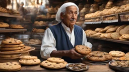 elderly male market trader selling many different types of cookie, showing his head and upper body, perfect eyes, perfect anatomy, exquisite composition, beautiful detailed intricate detailed octane render, 8k artistic photography, photorealistic, soft natural volumetric cinematic perfect light, chiaroscuro, award-winning photograph, masterpiece, raphael, caravaggio, bouguereau