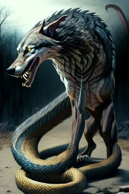 huge humanoid wolf with a snake instead of tail