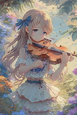 10cears child girl at garden playing violin anime manga, niji, colorful