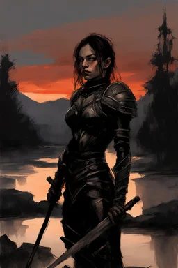 A formidable warrior girl in black armor, on the background Amazing gloomy landscape, flooded with sunset, mountains, trees, fabulous scary hero, , juicy emotions, painting, dark fantasy, gloomy day, dark world, portrait, A Quick Pencil Sketch Of A Portrait Of A 20 Years Old Woman; By Alex Maleev