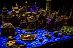 A violet undead village made out of cookies and cakes painted by Leonardo da Vinci