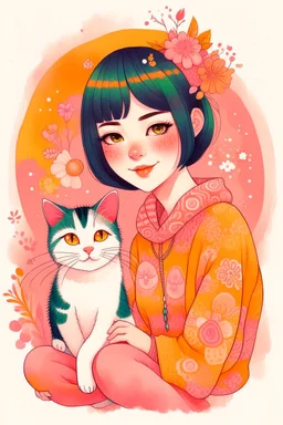 cozy vibes art girl with calico cat