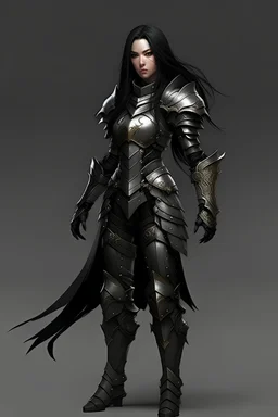 female with long black hair, wearing metal armor, whole body