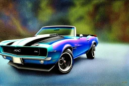 pen and color marker, true-to-life 1969 chevrolet camaro convertible pro street, two-tone paintwork, classic hotrod wheels, detroit steel wheels, centered, intricate, extreme detailed, photorealism, center view, stylized random background, pivot on camaro, painting by cheryl kelley