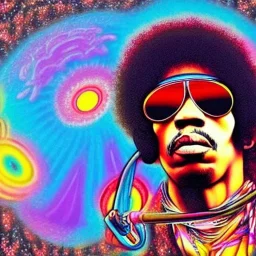 a realistic picture of Jimi Hendrix at a turntable with headphones on being a DJ, vivid color, with sunglasses, psychedelic trippy art