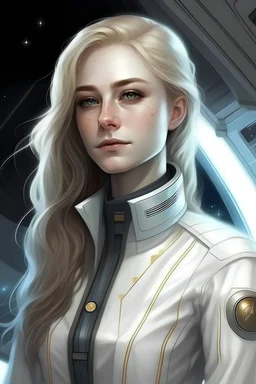 Elisa très belle jeune femme, archange galactique, commandant en chef flotte de vaisseaux blanc très lumineux. Archange porte combinaison blanche lumière, très féminine, divine