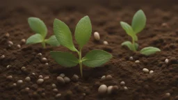 The painting shows a small mint seed buried in the ground. The artist uses brown and light green colors to depict the initial growth of the plant. The seed emerges in the nutrient soil and receives sun and water to grow.