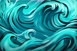 a background of a fun stylized waves with smooth black linework, blue teal tones, surf culture, kawaii cute