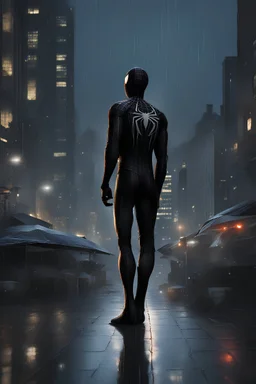 Spiderman in black suit in a rainy night looking at the city