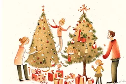 Christmas illustration, whimsical, detailed, warm colors, grainy texture, subject: decorating the christmas tree with a family, white background