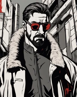 a young man with big muscles who looks like hans gruber wearing a heavy coat and red sunglasses staring with an irritated look on his face