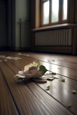 Wilted petal on wooden floor, window behind, camera, ignoring the flower, hd, realism, hdr, 4k, leica, fujifilm, dslr, cinematic