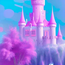 a pink castle, magical crystal pink castel, vertical light, pink and blue wisteria , pink vertical, blue lake,sharp, background vertical blue gradient vertical, elegant, highly detailed, artstation, concept art, smooth, sharp focus, illustration, 8k, splash art, wallpaper, key visual