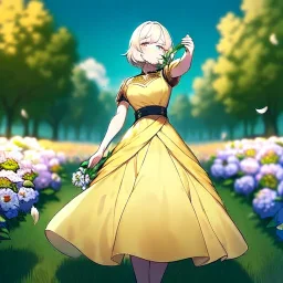 anime girl holding on to a flower and blowing the dried seeds into the air as the wind carries them away. outdoors scene.anime girl standing in a meadow of flowers. thw wind is blowing flower pedals into the wind. girl wearing yellow dress. more emphasis on seeds floating in the air. lots of seeds floating the air. lots of flower pedals floating the air behind the girl. rose pedals all over the ground