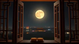 Close-Up,45 degree top view,chinese mooncakes,fashion,classical,window view,beautiful moon night,spot light