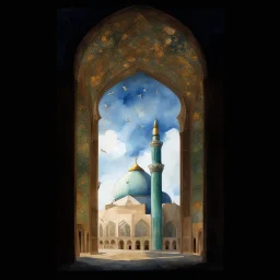 jamkaran mosque in Iran has more blue green color and gold for pattern islamic in the dome . one big domes with beautiful lighting . white Daffodil flower in the floor , clouds with small birds in sky with crescent moon of ramdan . painting watercolor ,simple and islamic style , Painting watercolor