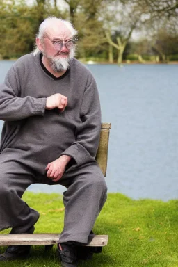 1000-year-old old English man, wise face ,glasses, cynical look, yellow mustache, eyes expressing wisdom, white beard, wrinkled cheeks, precise details, pants with slacks, sitting on a bench in the garden, in the background of a lake with swans, outdoor shot, cinematic, UHD. 20K, 300 DPI