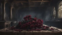 withered black roses lie down on the wood table in an old ruins room, detailed matte painting, deep color, fantastical, intricate detail, splash screen, complementary colors, fantasy concept art, 8k resolution , sinister, crepy, a masterpiece, 8k resolution, dark fantasy concept art, hyperdetailed, intricately detailed, Splash screen art, deep color, Unreal Engine, volumetric lighting,