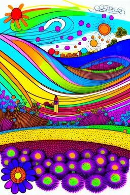A field of colorful flower, the return to innocence, abstract, weird, childlike, chaos80, colors splash, Italian village, fine line draw style
