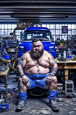 full figure shot photography of a short ugly hefty burly dirty chubby hairy angry man turkish 28 years old, hair, beard, shirtless, tattoo, manly chest with bulging opened short pants, hairy, angry eyes, inside a mechanical workshop under the sun sitting on the hood of a car, open legs, photorealistic, ambient occlusion, side light , frontal view from the floor